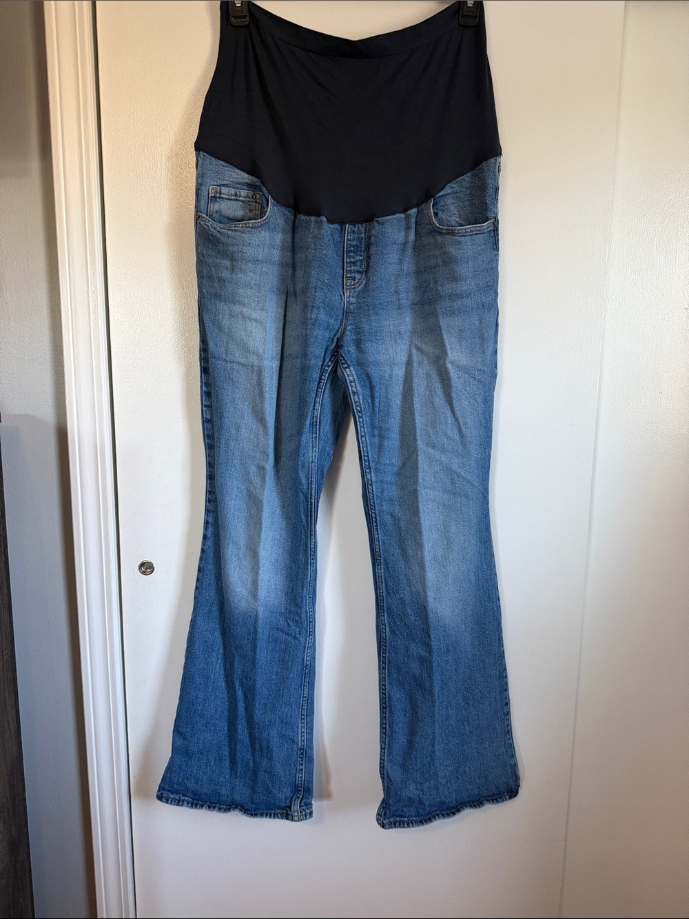Old Navy Blue Denim Maternity Flare Jeans with Black Waist Panel